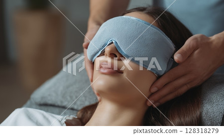 Woman receiving a relaxing facial massage with a soothing eye mask, enjoying a tranquil spa environment, surrounded by soft textures and calming colors, promoting wellness and self-care Woman receiving a relaxing facial massage with a soothing eye mask, enjoying a tranquil spa environment, surrounded by soft textures and calming colors, promoting wellness and self-care 128318279