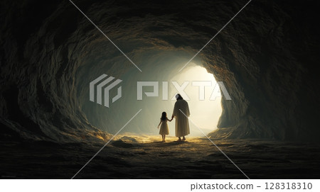 Jesus guides a little girl towards radiant light in a tranquil cave setting representing hope and faith 128318310