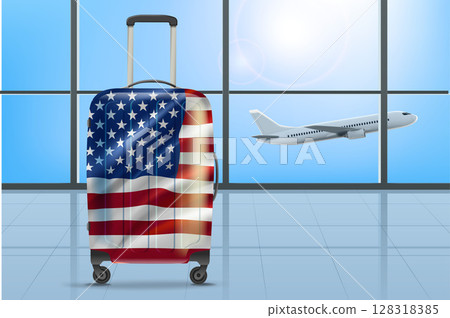 Travel bag with USA flag in airport. 3d vector illustration Travel bag with USA flag in airport. 3d vector illustration 128318385