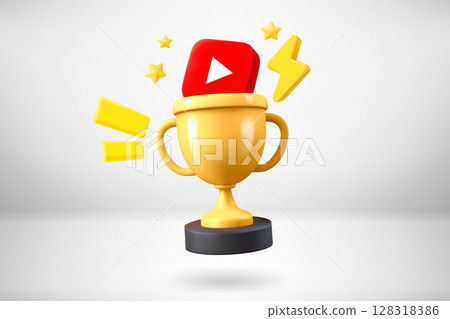 Golden cup with video player icon. 3d vector illustration Golden cup with video player icon. 3d vector illustration 128318386
