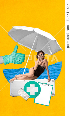 Bold collage. Relaxed woman under white umbrella sitting on medical case near sea with glove and pills 128318387