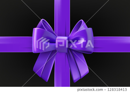 Violet ribbon with a bow on black box. 3d vector illustration 128318413