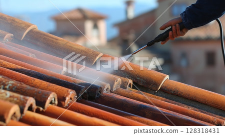 Expert service employs high pressure jet to clean terracotta roof tiles for home renovation in bright daylight 128318431