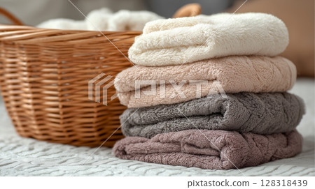 Soft colored towels stacked neatly on a bed with a woven basket nearby for a cozy home decor setting 128318439