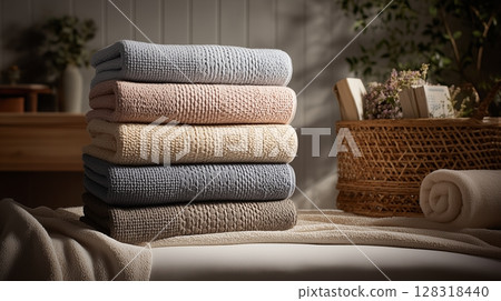 Neatly stacked soft colored towels on bed with woven basket creating cozy home decor ambiance 128318440