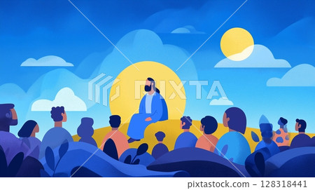 Easter celebration featuring Jesus Christ surrounded by a group of followers in a serene natural landscape 128318441