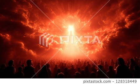 Massive crowd gazes in awe as Jesus Christ descends from bright clouds enveloped in divine light 128318449