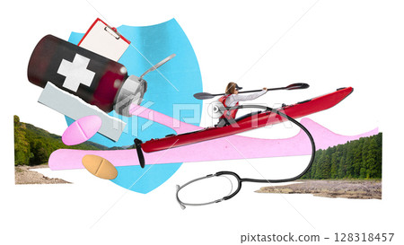 Collage with kayaker paddling on pink liquid from medicine bottle with medical symbols 128318457
