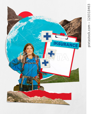 Collage with smiling female hiker in blue jacket with insurance clipboard and abstract mountain and globe Collage with smiling female hiker in blue jacket with insurance clipboard and abstract mountain and globe 128318463