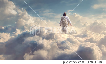Jesus Christ ascends to heaven through the radiant clouds filled with divine light 128318488