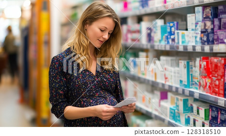 Pregnant woman examines product label in pharmacy aisle while shopping for health essentials 128318510
