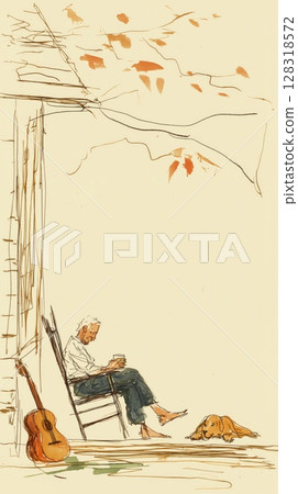 Elderly man relaxes on a wooden porch with iced tea and guitar while enjoying a summer afternoon with a lazy dog 128318572