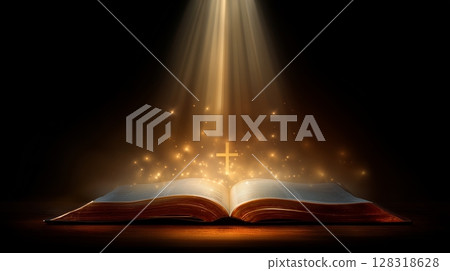 Illustration of an open Bible with a radiant cross symbolizing faith and devotion in Christianity 128318628