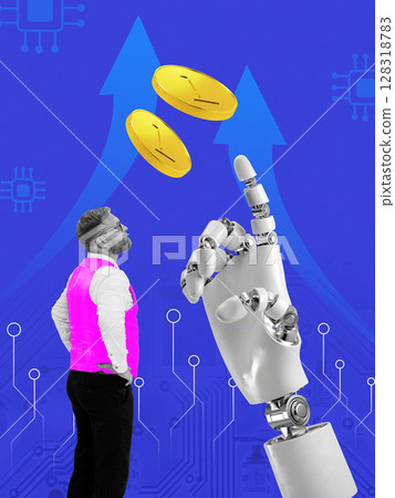 Graphic composition. 3D robotic hand pointing up at coins near man in pink west and arrows, on neon gradient background 128318783