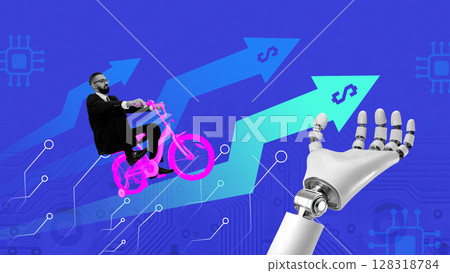 Collage of 3D robotic hand supporting man on bicycle, riding over rising arrows, on neon gradient background 128318784
