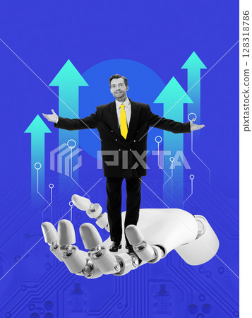 Collage with 3D robot hand lifting smiling man with raised arms and arrows behind, on neon gradient background 128318786