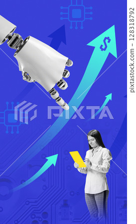 Collage with 3D robot hand reaching toward woman working on tablet, with financial arrows behind. Neon gradient background Collage with 3D robot hand reaching toward woman working on tablet, with financial arrows behind. Neon gradient background 128318792