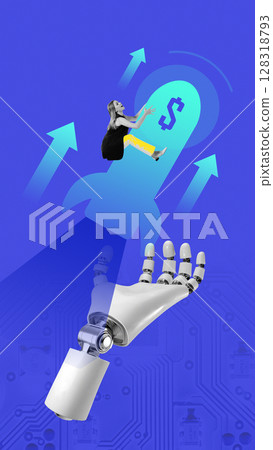 Graphic composition. 3D robot hand launching woman on rocket toward finance growth, on neon gradient background 128318793
