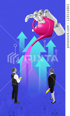 Creative digital artwork. 3D robot hand watering upward arrows near business people on neon gradient background 128318801