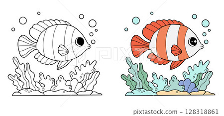 Striped Tropical Fish in Coral Reef and seaweed. Outline and color drawing. Coloring Page. Vector illustration. Kids collection 128318861