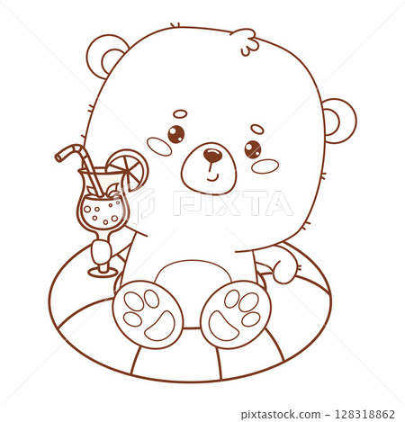 Outline Cute bear in relaxing on swim ring with drink. Funny Animal kawaii summer beach character vacation. Vector illustration. Line drawing, coloring book. Kids collection. Not AI 128318862