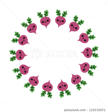 Cute beet round frame on white background. Cute vegetable. Cute beet round frame on white background. Cute vegetable. 128318972
