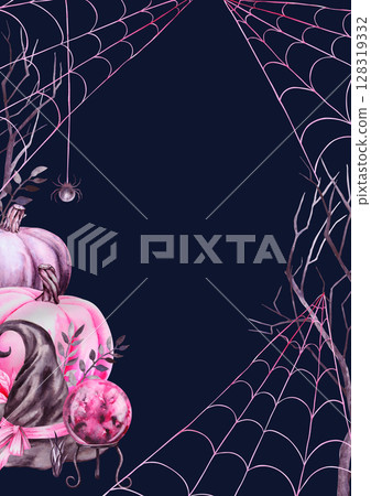 Watercolor Halloween card with pink pumpkins, witch hat, crystal ball, spider and cobwebs on dark background. Hand drawn mystical illustration, perfect for invitations, crafts and seasonal decor. 128319332