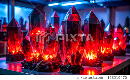 A group of fantastic crystals that shine like red rubies 128319470