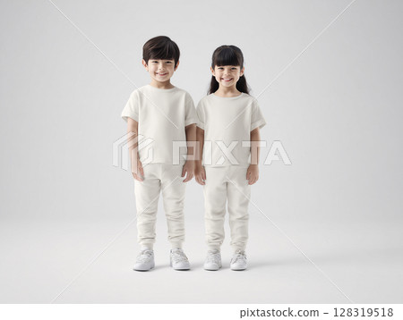 人工智慧生成的圖像：身穿白色衣服的亞洲男孩和女孩並肩站立 128319518