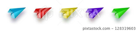 Flat lay of blue paper plane and blank paper on pastel white color background. Flat lay of blue paper plane and blank paper on pastel white color background. 128319603