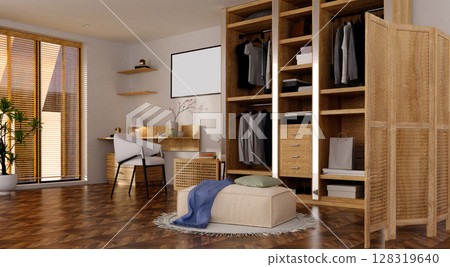 Interior design showcasing modern wellness workspace with natural elements. 3D render illustration 128319640