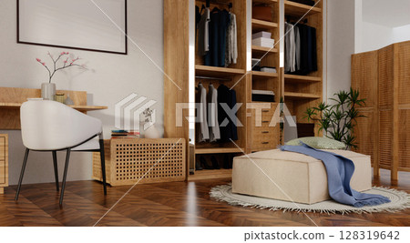 Interior design showcasing modern wellness workspace with natural elements. 3D render illustration 128319642