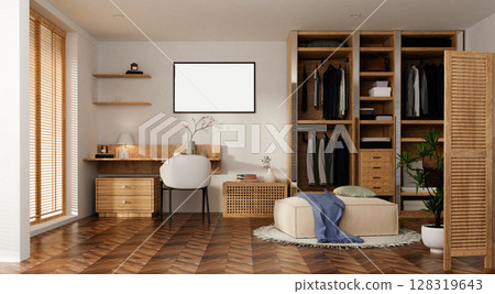 Interior design showcasing modern wellness workspace with natural elements. 3D render illustration Interior design showcasing modern wellness workspace with natural elements. 3D render illustration 128319643