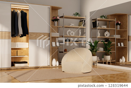 Interior space with innovative wardrobe design and cozy seating arrangement. 3D render illustration 128319644