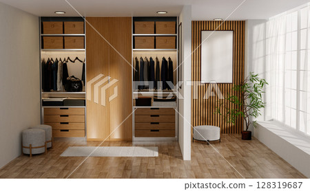 Interior design showcasing modern wellness closet with natural light. 3D render illustration Interior design showcasing modern wellness closet with natural light. 3D render illustration 128319687