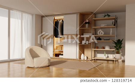 Home interior furniture design focusing on modern aesthetics. 3D render illustration Home interior furniture design focusing on modern aesthetics. 3D render illustration 128319714