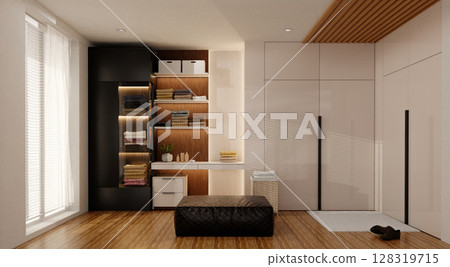 Modern living space design focusing on luxurious furniture and efficient storage. 3D render illustration 128319715