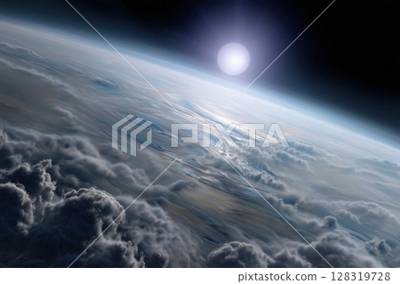 Earth-like planet with active atmosphere and cloud cover, seen from orbit 128319728
