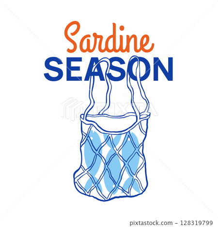 Postcard with fish in netted shopper bag and trending inscription. Funny marine doodle concept. Great for seafood branding, kitchen decor, nautical gift card. Hand drawn vector outline illustration. Postcard with fish in netted shopper bag and trending inscription. Funny marine doodle concept. Great for seafood branding, kitchen decor, nautical gift card. Hand drawn vector outline illustration. 128319799