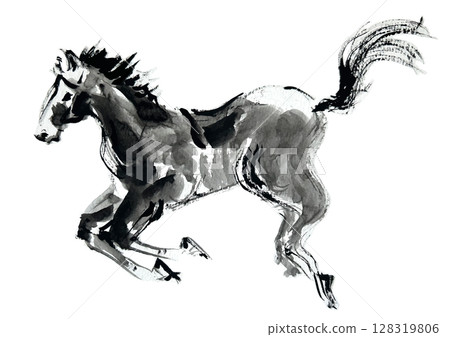 New Year's card design: Hand-drawn Japanese-style brush illustration of a running horse 128319806