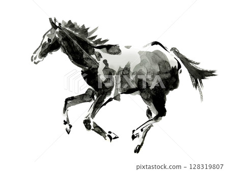 New Year's card design: Hand-drawn Japanese-style brush illustration of a running horse 128319807