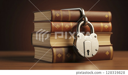 Stack of old books secured with a padlock. Restricted knowledge, censorship, and guarded information. 128319828