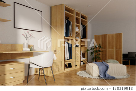 Interior design showcasing modern wellness workspace with natural elements. 3D render illustration Interior design showcasing modern wellness workspace with natural elements. 3D render illustration 128319918