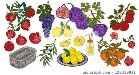 The Dolce Vita collection is a whimsical, detailed collection of colorful elements with textured outlines, inspired by the Mediterranean lifestyle. Sketchy, hand-drawn style. Set 128319931