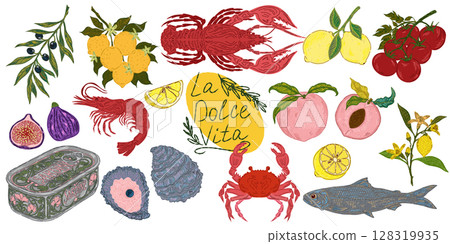 The Dolce Vita collection is a whimsical, detailed collection of colorful elements with textured outlines, inspired by the Mediterranean lifestyle. Sketchy, hand-drawn style. Set 128319935