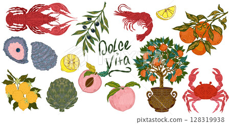 The Dolce Vita collection is a whimsical, detailed collection of colorful elements with textured outlines, inspired by the Mediterranean lifestyle. Sketchy, hand-drawn style. Set 128319938