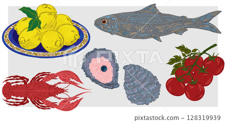 The Dolce Vita collection is a whimsical, detailed collection of colorful elements with textured outlines, inspired by the Mediterranean lifestyle. Sketchy, hand-drawn style. Set 128319939