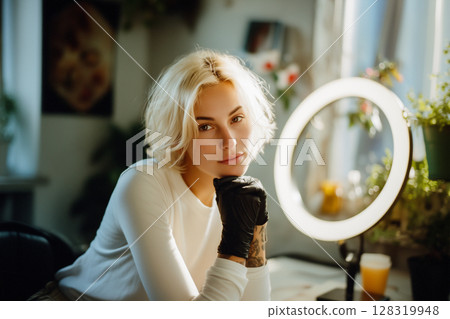 A blonde woman is sitting in front of a lighted mirror 128319948