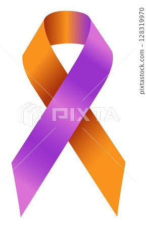 Realistic Awareness orange and purple ribbon. Orchid und Orange gradient colors. Symbol of support, solidarity, raising awareness. 3d tape EPS 10. Design Template for poster, Website Magazine 128319970