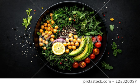 Fresh Healthy Salad Bowl with Vegetables and Chickpeas on Dark Surface 128320057